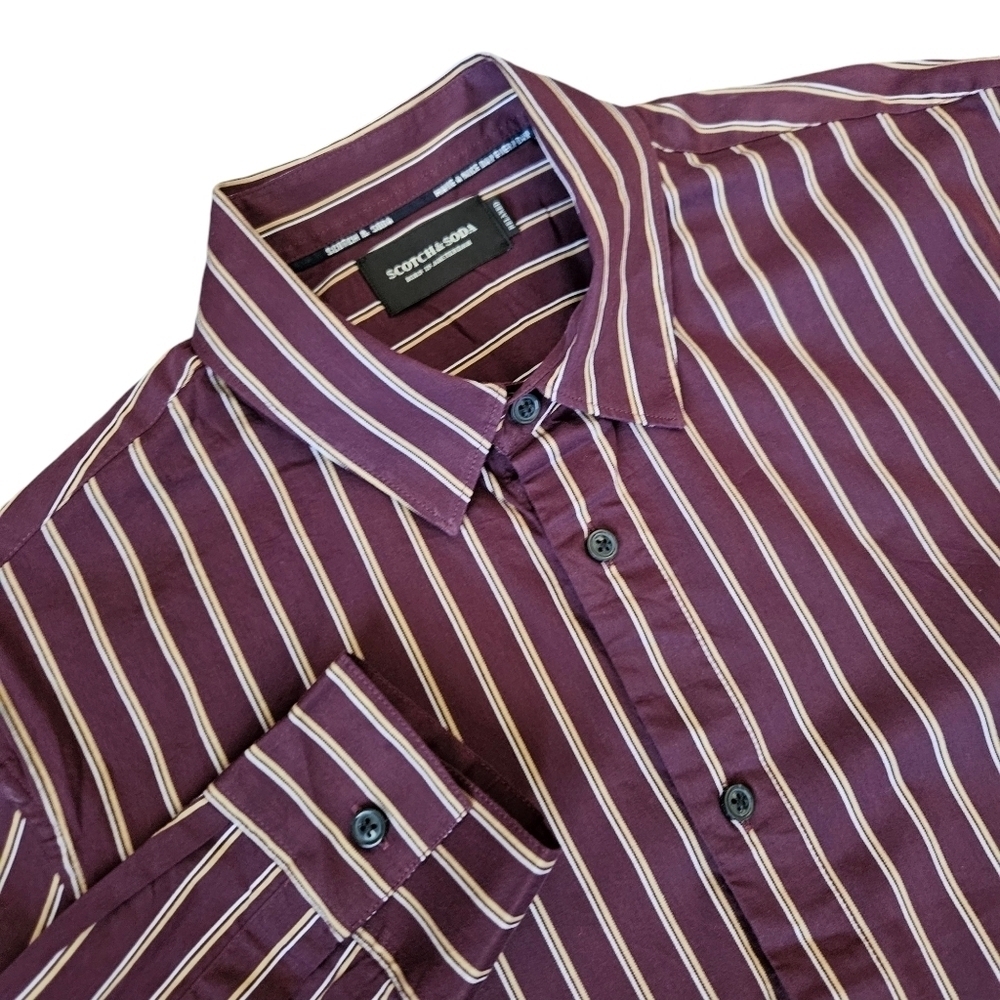 Scotch & Soda Mens Relaxed Button Down Maroon White/Yellow Stripe Shirt Sz Large
